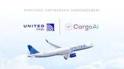 A rendering of a United aircraft flying below the logos of United and CargoAi