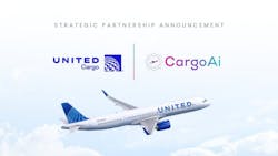 A rendering of a United aircraft flying below the logos of United and CargoAi A rendering of a United aircraft flying below the logos of United and CargoAi
