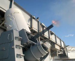 Phalanx Block 1 during a Pre-Aimed Calibration (PAC) test-fire on 20 Feb. 2003 aboard USS Carl Vinson CVN-70. Phalanx Block 1 during a Pre-Aimed Calibration (PAC) test-fire on 20 Feb. 2003 aboard USS Carl Vinson CVN-70.