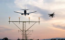 Drone flying at the airport near an aircraft leading to a possible crash or accident. Illegal UAV flight inside the airport conceptual montage Drone flying at the airport near an aircraft leading to a possible crash or accident. Illegal UAV flight inside the airport conceptual montage