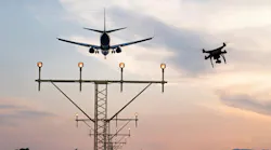 Drone flying at the airport near an aircraft leading to a possible crash or accident. Illegal UAV flight inside the airport conceptual montage