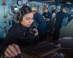 A Navy operations specialist seaman operates the AN/SPS-73(V)12 RADAR SET ON THE bridge of aircraft carrier USS Harry S. Truman (CVN 75) in June 2022. A Navy operations specialist seaman operates the AN/SPS-73(V)12 RADAR SET ON THE bridge of aircraft carrier USS Harry S. Truman (CVN 75) in June 2022.