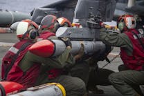U.S. Marines load an Advanced, Medium-Range, Air-to-Air Missile (AMRAAM), onto an AV-8B Harrier aboard the Wasp-class amphibious assault ship USS Essex (LHD 2) in February 2022. U.S. Marines load an Advanced, Medium-Range, Air-to-Air Missile (AMRAAM), onto an AV-8B Harrier aboard the Wasp-class amphibious assault ship USS Essex (LHD 2) in February 2022.