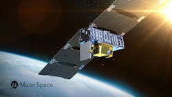 A rendering of Muon's satellite technology on orbit in space A rendering of Muon's satellite technology on orbit in space