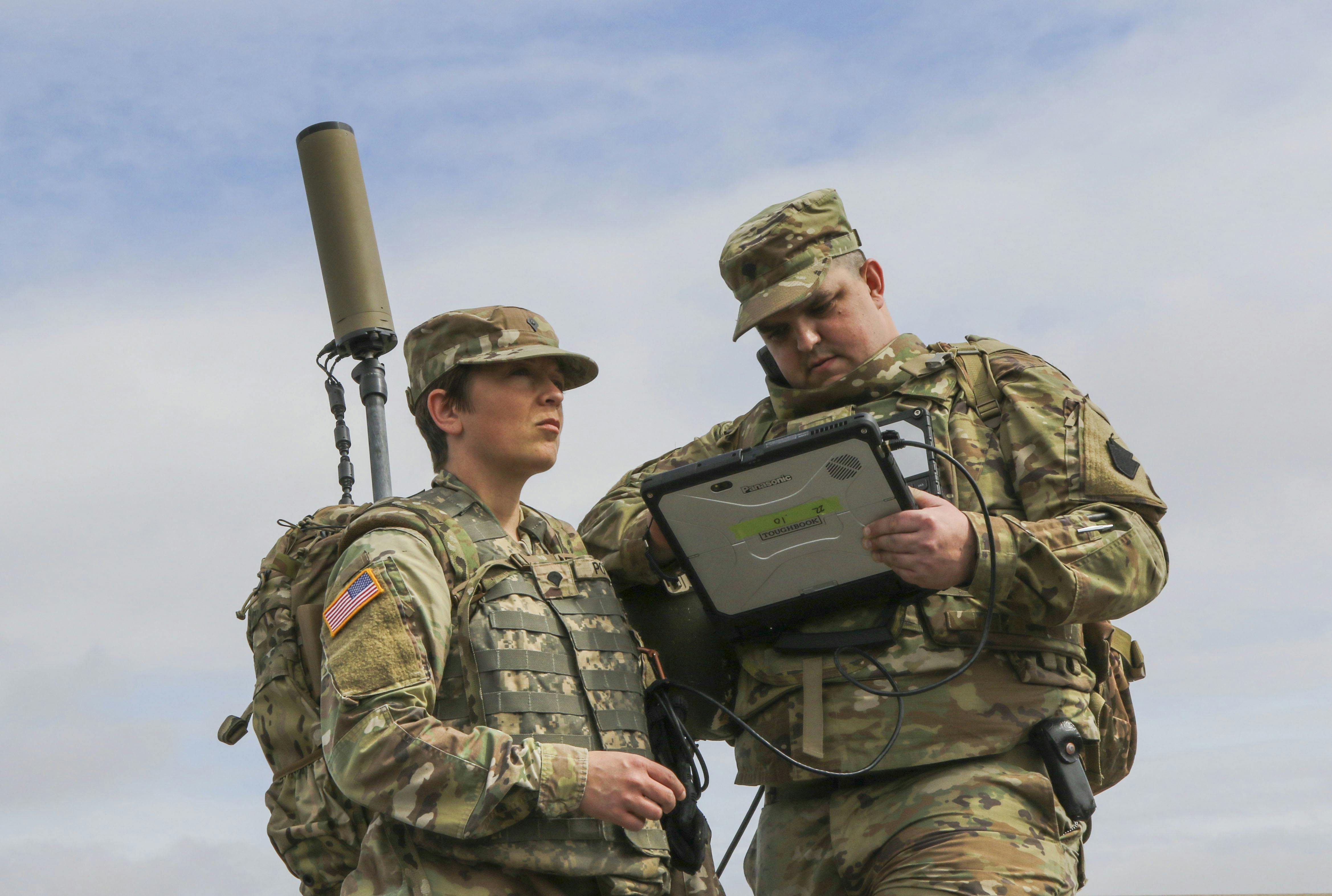 Pennsylvania Army National Guard members train on the new Tactical Dismounted Electronic Warfare and Signals Intelligence (TDEWS) system in 2022 at Fort Indiantown Gap, Pa.
