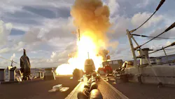 The Arleigh Burke-class guided-missile destroyer USS Benfold (DDG 65) launches a Standard Missile (SM) 6 during an at-sea exercise in 2022.
