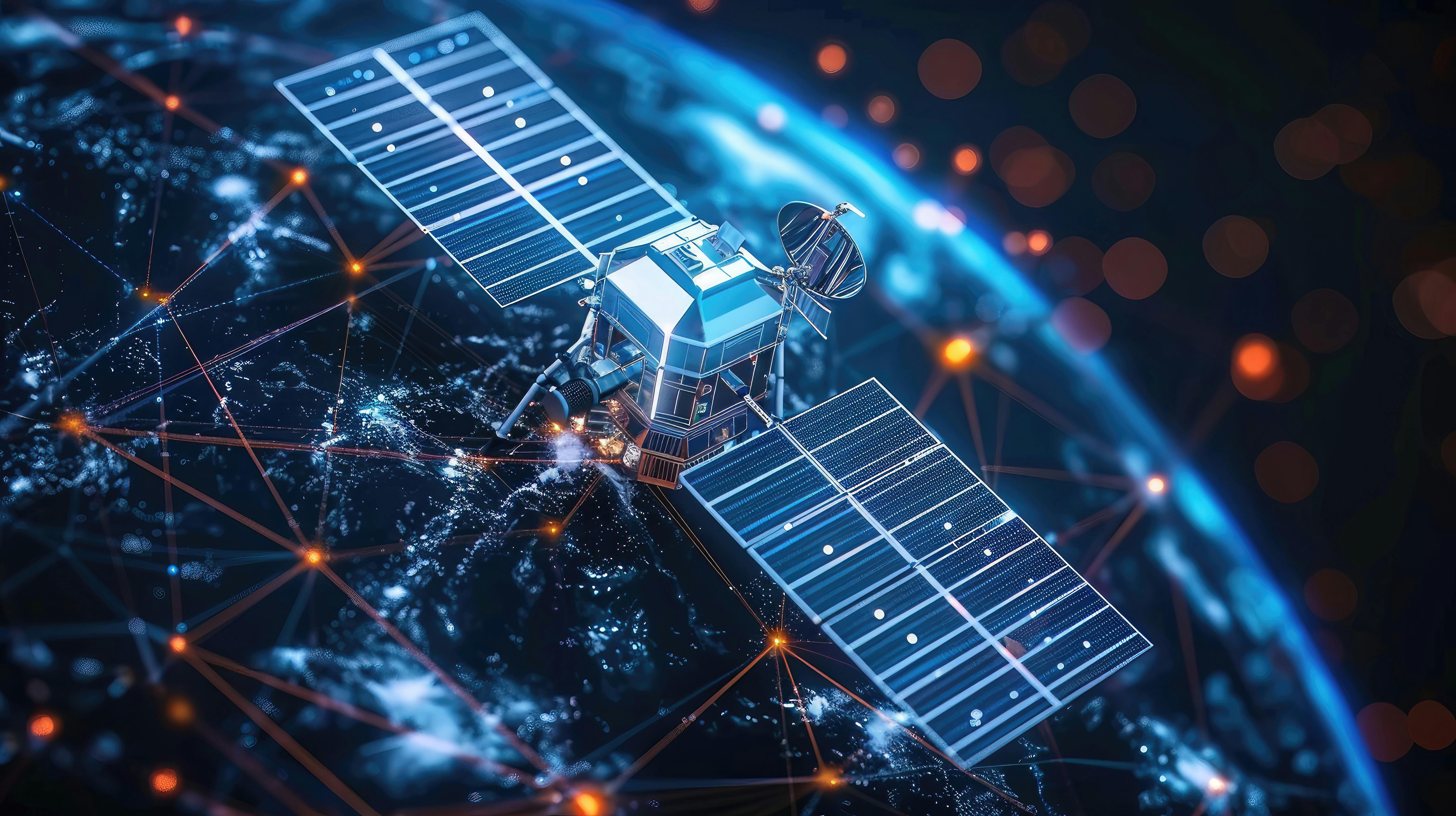 AI Generative, Satellite in space with network connections around Earth. AI generated