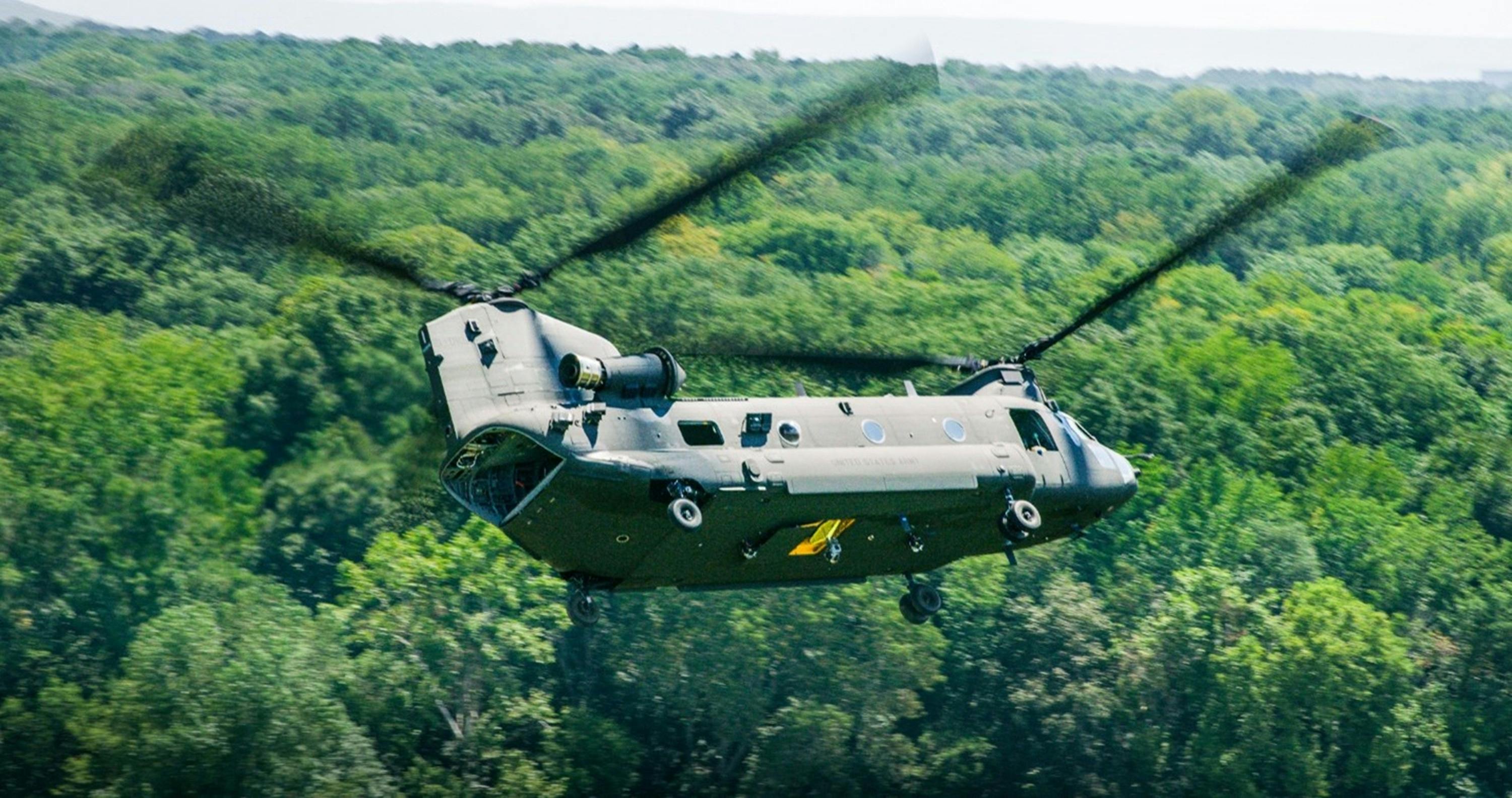 A Boeing CH-47F Block II conducts a flight at Redstone Test Center in Huntsville, Ala.