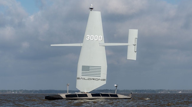The Saildrone Surveyor is a 65-foot uncrewed surface vessel that will accommodate sensor, communications, and weapons payloads from Lockheed Martin.