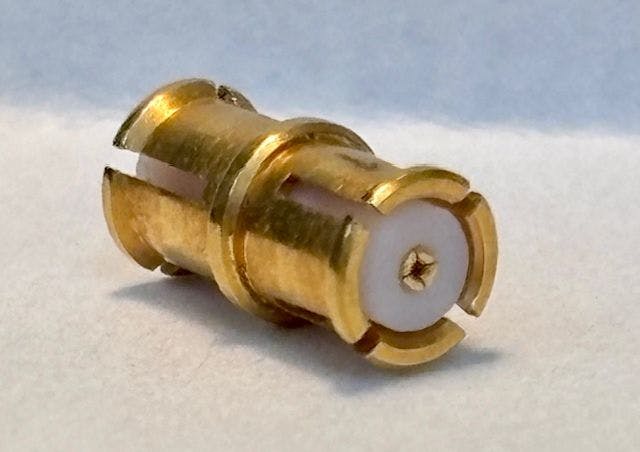 The Connectronics SMP Bullet subminiature push-on adapter to ensure reliable RF performance in board-to-board or other gang-mating in aerospace, telecommunications, and test and measurement applications.