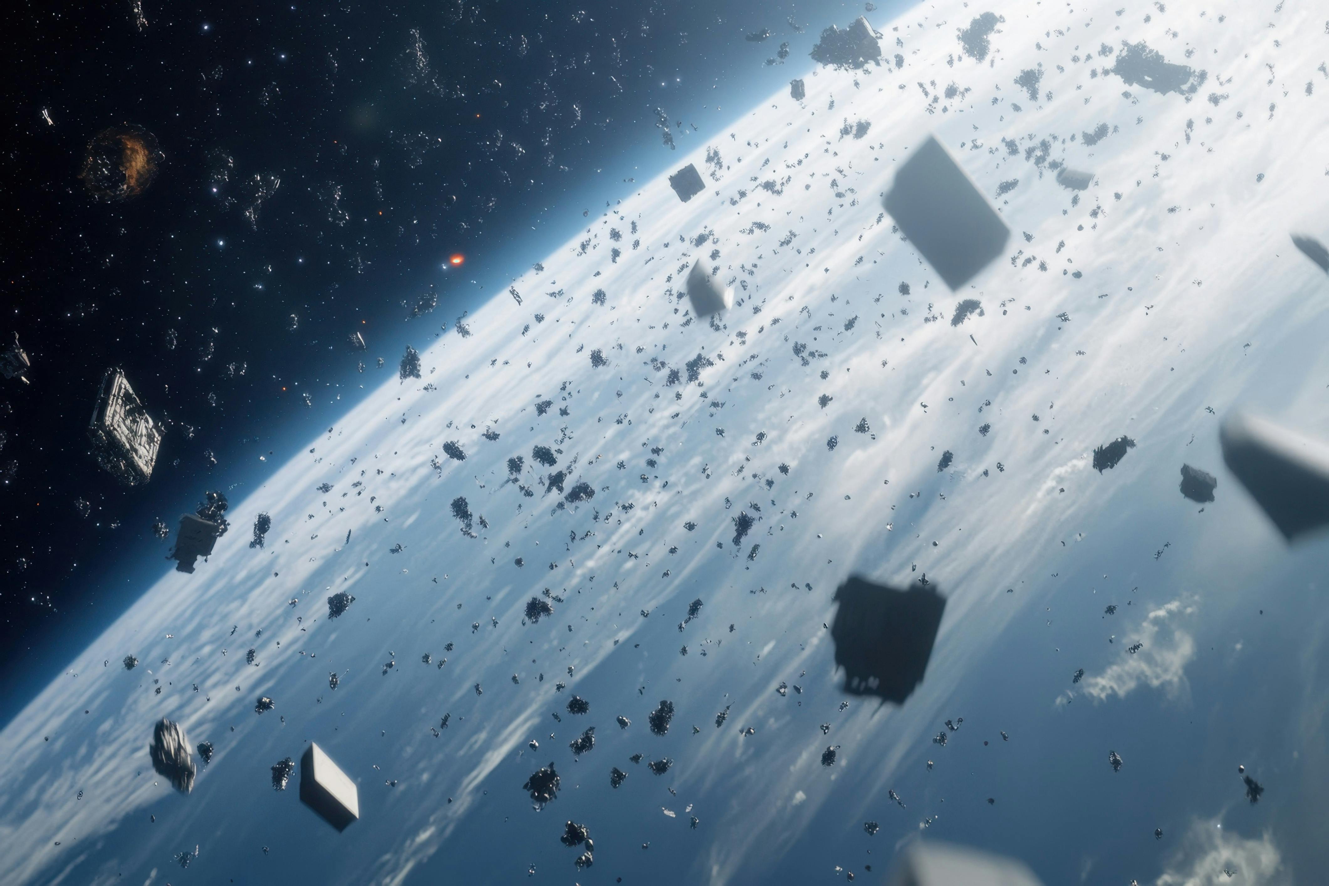 Floating debris in low Earth orbit surrounding a distant planet and bright star. A vast field of space debris orbits Earth, highlighting the impact of human activity in outer space. AI generated