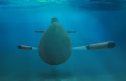 Naval submarine firing two torpedoes underwater