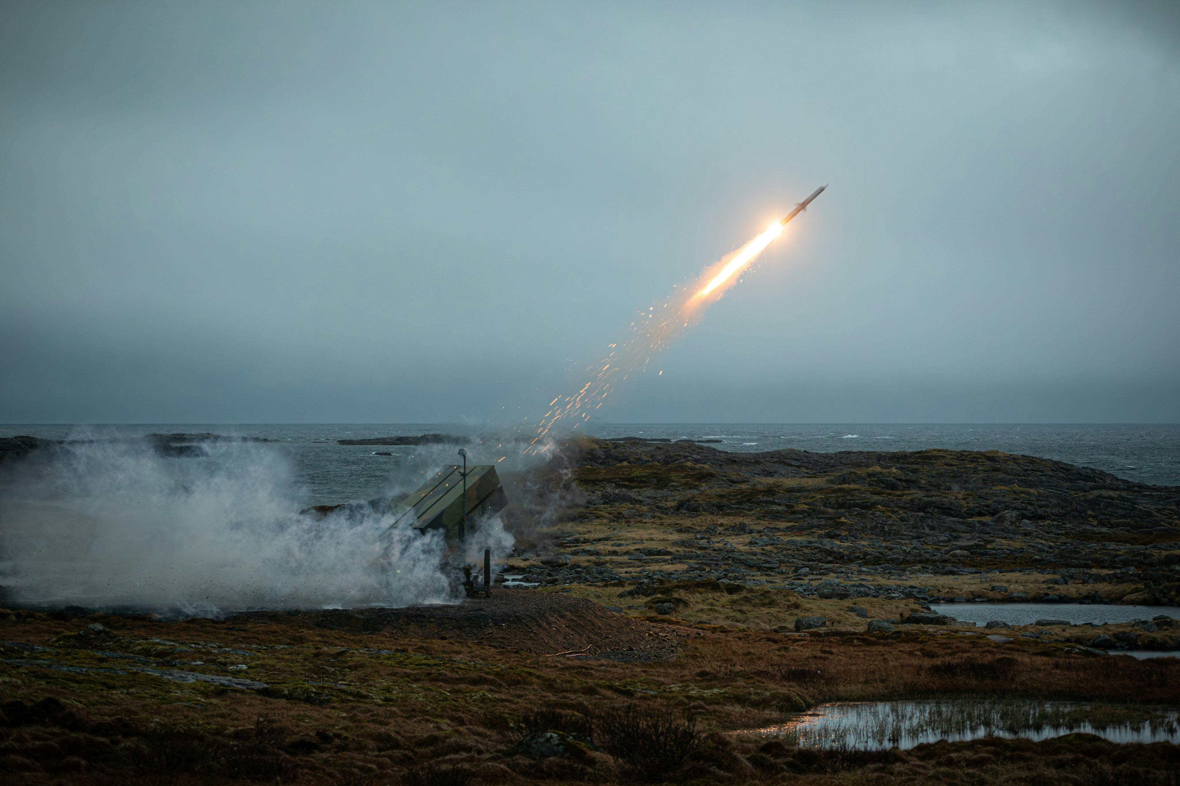 The Norwegian Army fires a National Advanced Surface-to-Air Missile System (NASAMS) from the And&oslash;ya Space Range in And&oslash;ya, Norway against a simulated threat during exercise Formidable Shield in May 2023.