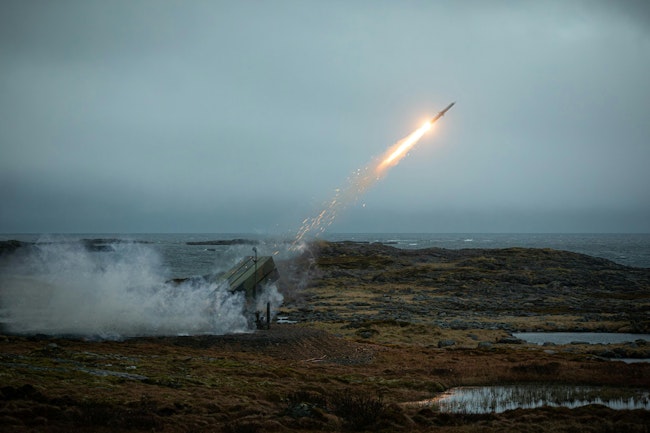 The Norwegian Army fires a National Advanced Surface-to-Air Missile System (NASAMS) from the And&oslash;ya Space Range in And&oslash;ya, Norway against a simulated threat during exercise Formidable Shield in May 2023.