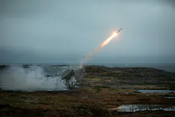 The Norwegian Army fires a National Advanced Surface-to-Air Missile System (NASAMS) from the Andøya Space Range in Andøya, Norway against a simulated threat during exercise Formidable Shield in May 2023.