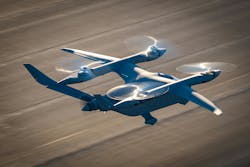 BETA's Alia quad-rotor eVTOL hovers over tarmac. BETA's Alia quad-rotor eVTOL hovers over tarmac.