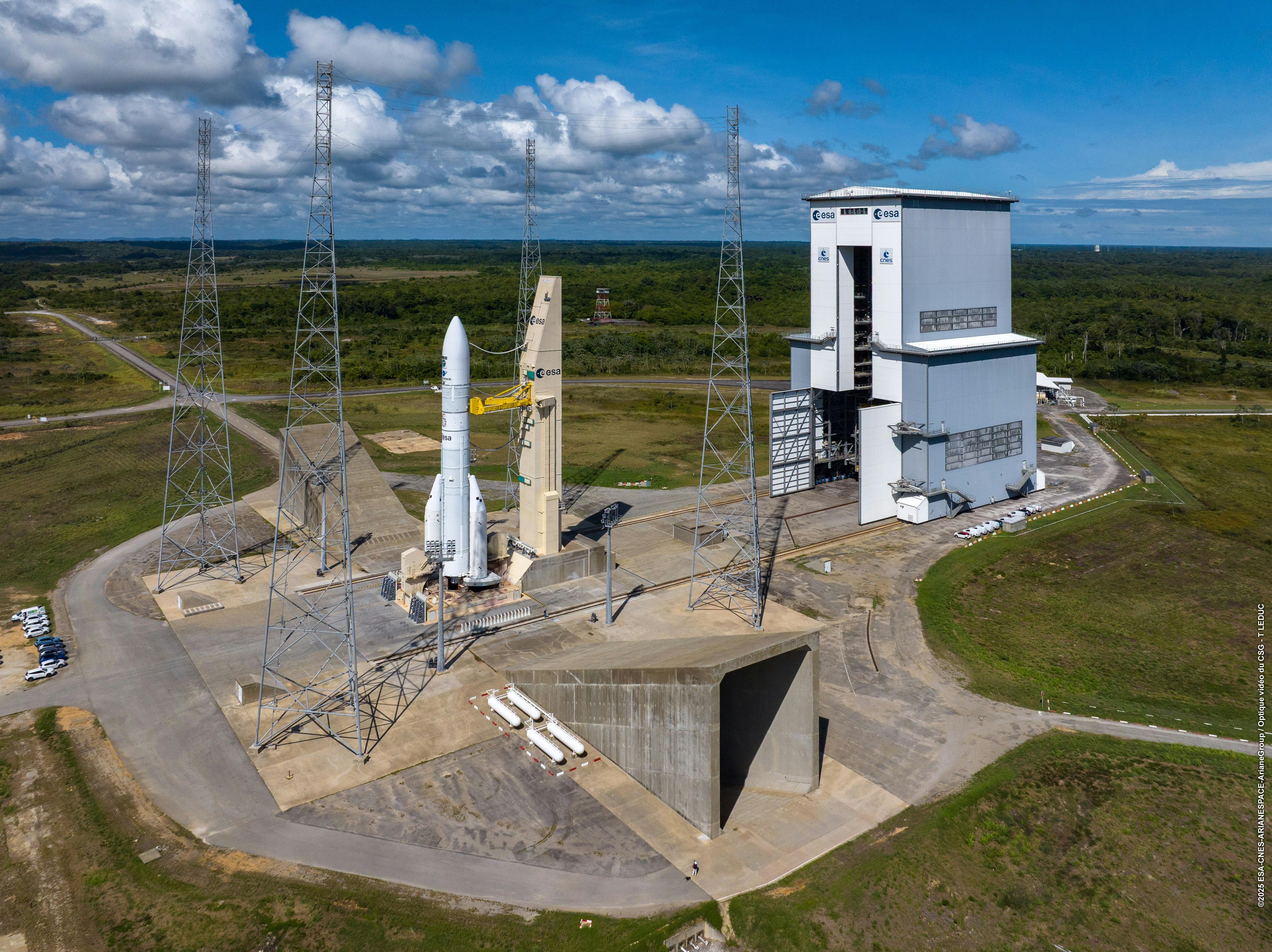 With liftoff on 4 November 2025, this photo shows Sentinel-1D ready on top of the Ariane 6 rocket on the launchpad at Europe&rsquo;s Spaceport in French Guiana a few hours before liftoff. ESA photo.