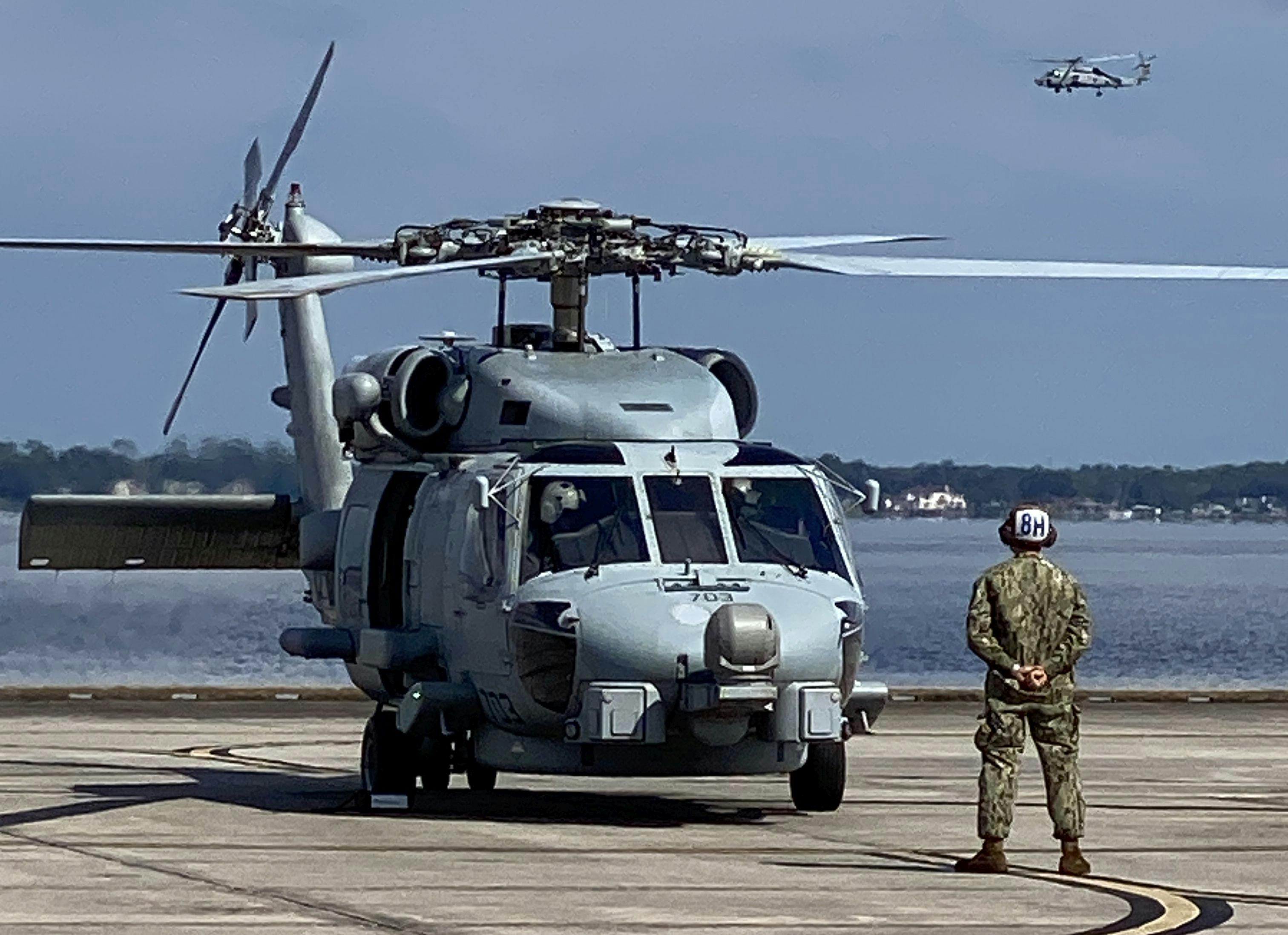 A Navy SH-60 Seahawk Helicopter based at Jacksonville Naval Air Station, Fla., takes off for functional check flight before returning to fleet operations in September 2024.