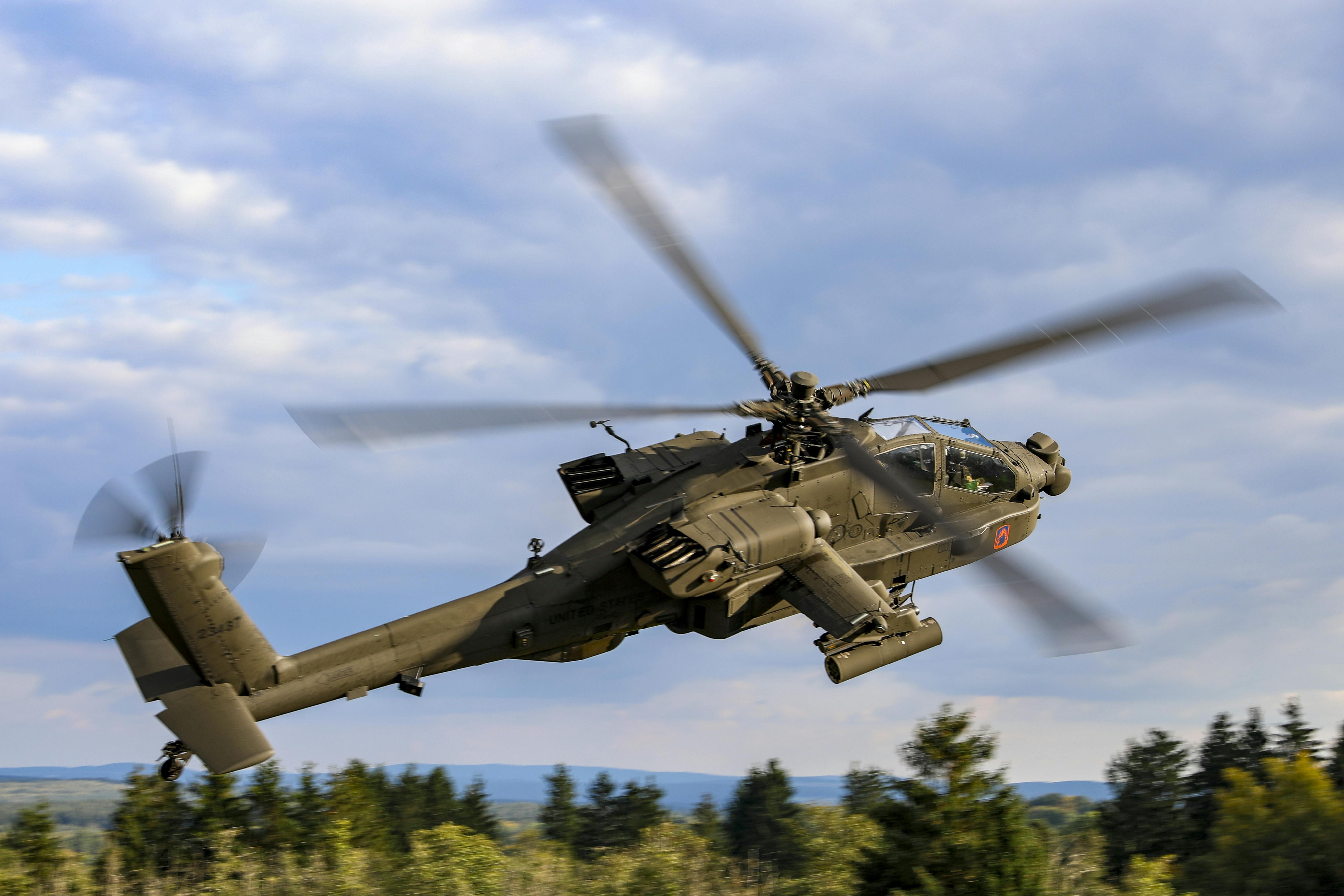 An AH-64E Apache crew, assigned to 1-3 Attack Battalion, 12th Combat Aviation Brigade, prepares to engage during aerial gunnery training at Grafenwoehr Training Area, Germany, last October.