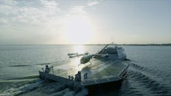 An eVTOL sitting on a waterborne vertiport. An eVTOL sitting on a waterborne vertiport.