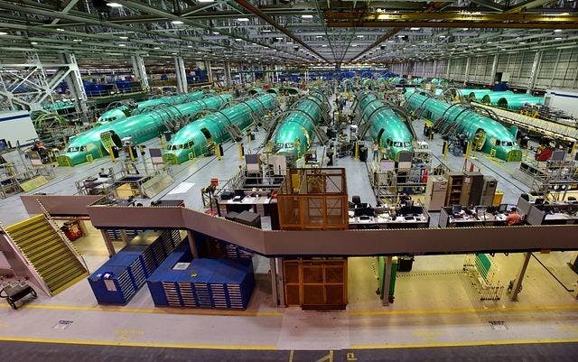 Boeing 737 fuselages under construction at Spirit's Wichita facility.