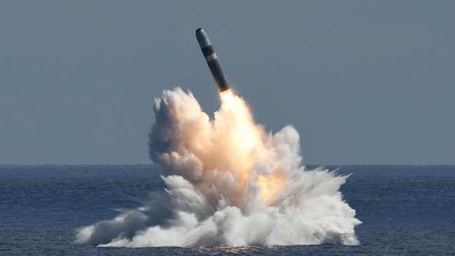 An unarmed Trident II D5 Life Extension (D5LE) missile launches from an Ohio-class ballistic missile submarine (SSBN) off the coast of Florida last September.
