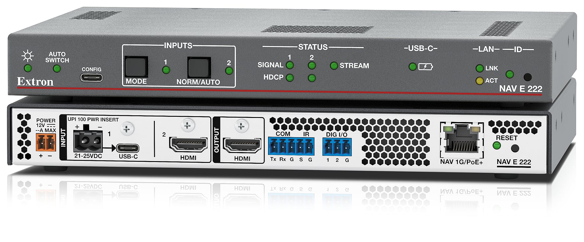 The Extron NAV E 222 USB-C and HDMI switching encoder adds USB-C input and input switching to the NAV Pro audio-visual over IP series.