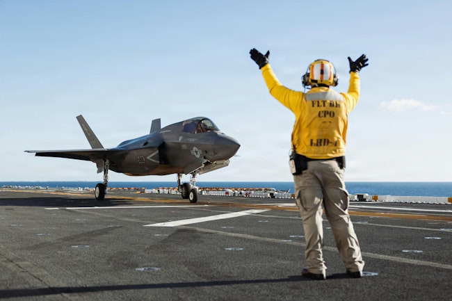A U.S. Marine Corps F-35B Lightning II prepares to take off from Wasp-class amphibious assault ship USS Boxer (LHD 4) earlier this month.