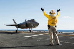 A U.S. Marine Corps F-35B Lightning II prepares to take off from Wasp-class amphibious assault ship USS Boxer (LHD 4) earlier this month. A U.S. Marine Corps F-35B Lightning II prepares to take off from Wasp-class amphibious assault ship USS Boxer (LHD 4) earlier this month.