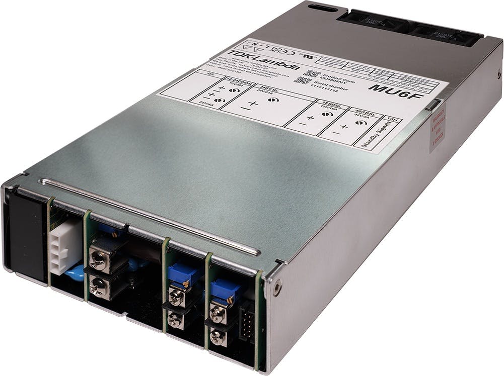 The TDK-Lambda MU6 modular power supply is for test and measurement, industrial equipment, broadcast, professional audio, medical, and similar applications that require a low-profile 41-millimeter height and low audible noise.