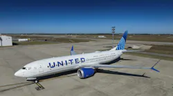 The 2025 Boeing ecoDemonstrator Explorer, a United Airlines 737-8, sits outside a United hangar in Houston before its first flight to test Internet Protocol Suit.