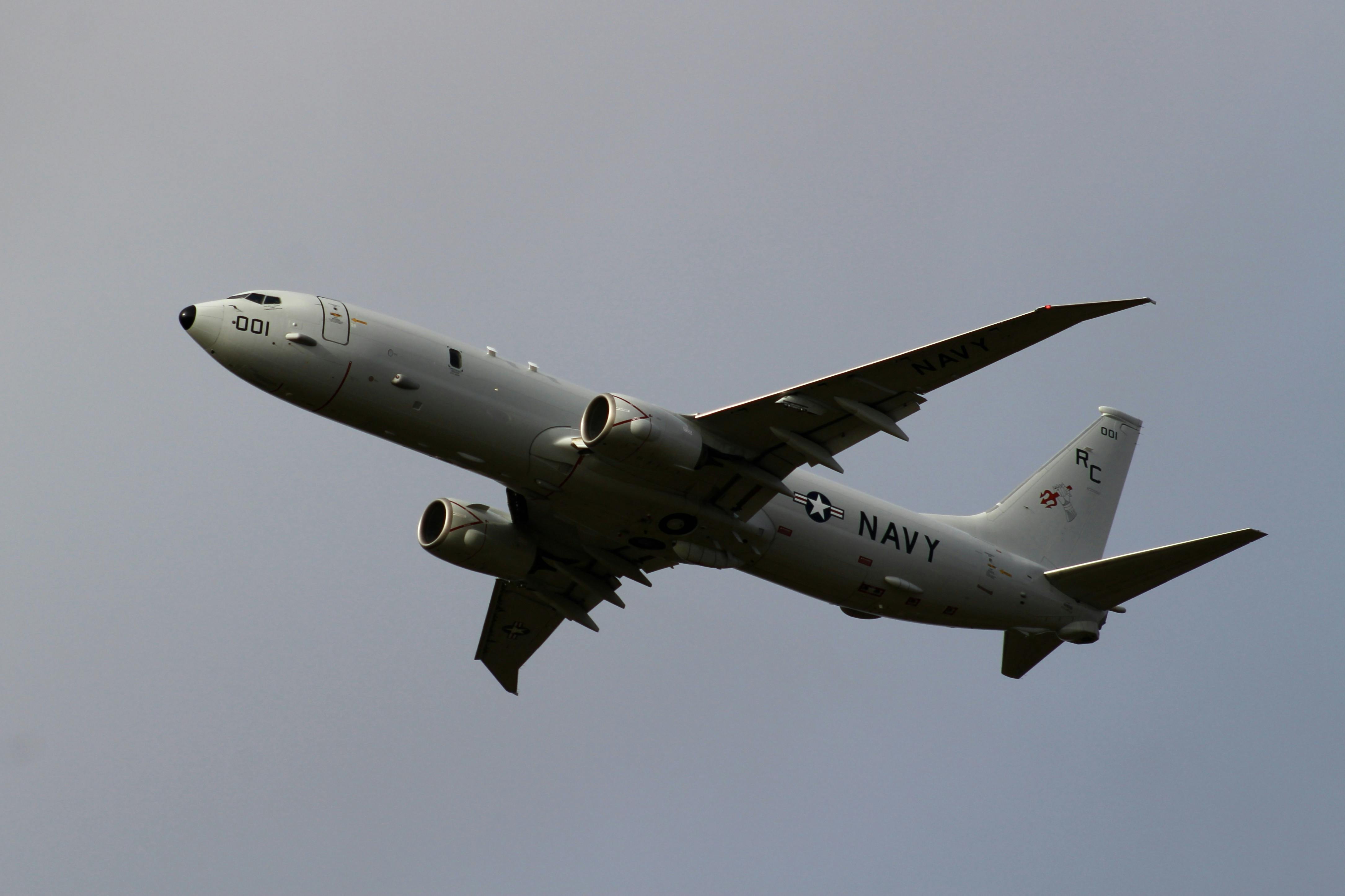 A U.S. Navy P-8A Poseidon aircraft performs a touch and go during a training flight at Keflav&iacute;k Air Base last September.