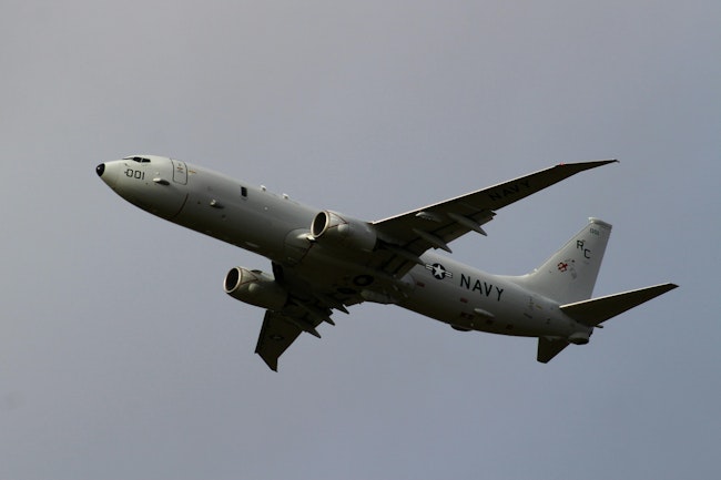 A U.S. Navy P-8A Poseidon aircraft performs a touch and go during a training flight at Keflav&iacute;k Air Base last September.