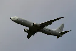 A U.S. Navy P-8A Poseidon aircraft performs a touch and go during a training flight at Keflavík Air Base last September.