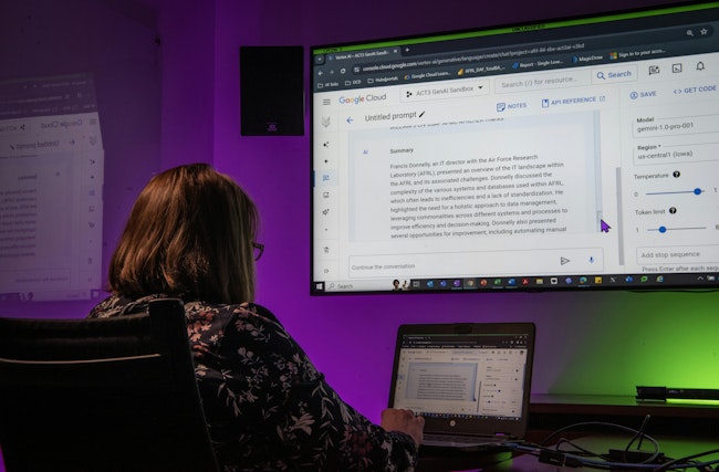An Air Force technician demonstrates Google Gemini's artificial intelligence at the Air Force Research Laboratory at Wright-Patterson Air Force Base, Ohio, in 2024.