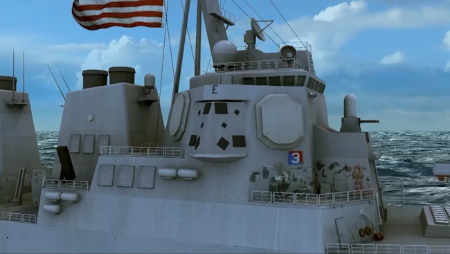 This artist's rendering depicts the SEWIP Block 3 shipboard electronic warfare system (EW) aboard a U.S. Navy Arleigh Burke-class guided missile destroyer.