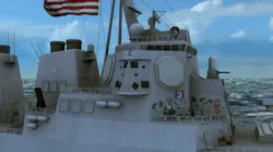 This artist's rendering depicts the SEWIP Block 3 shipboard electronic warfare system (EW) aboard a U.S. Navy Arleigh Burke-class guided missile destroyer.