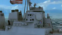 This artist's rendering depicts the SEWIP Block 3 shipboard electronic warfare system (EW) aboard a U.S. Navy Arleigh Burke-class guided missile destroyer.