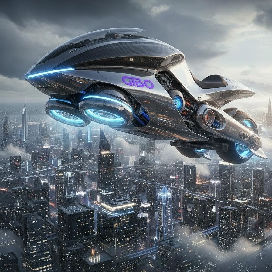 A rendering of an eVTOl flying over a city