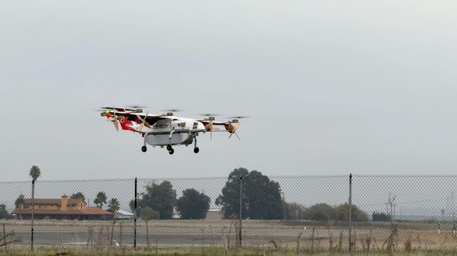 Elroy's hybrid VTOL hovers over tarmac