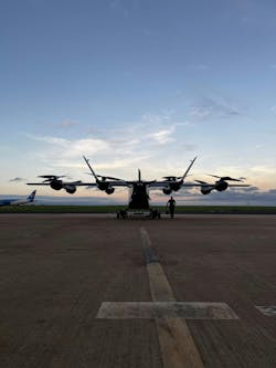 Eve's full-scale eVTOl sits on the tarmac. Eve's full-scale eVTOl sits on the tarmac.