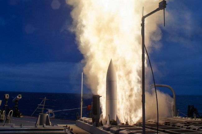 The Arleigh-Burke class guided-missile destroyer USS John Paul Jones (DDG 53) launches a Standard Missile 6 (SM-6) during a live-fire test of the ship's aegis weapons system.