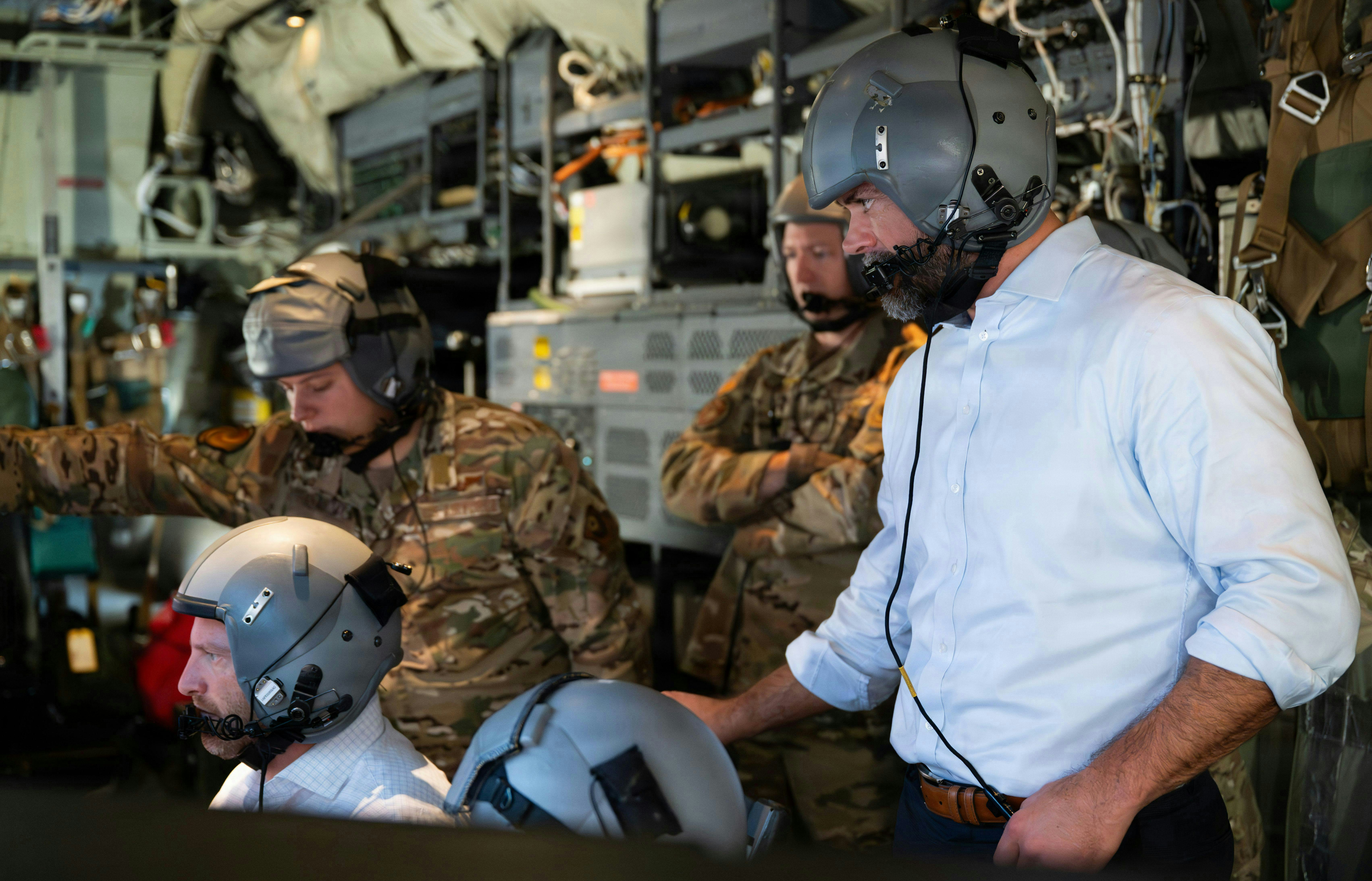 Under Secretary of the Air Force Matt Lohmeier observes a combat systems officer&rsquo;s screen aboard an AC-130J Ghostrider special forces aircraft near Hurlburt Field, Fla., last December.