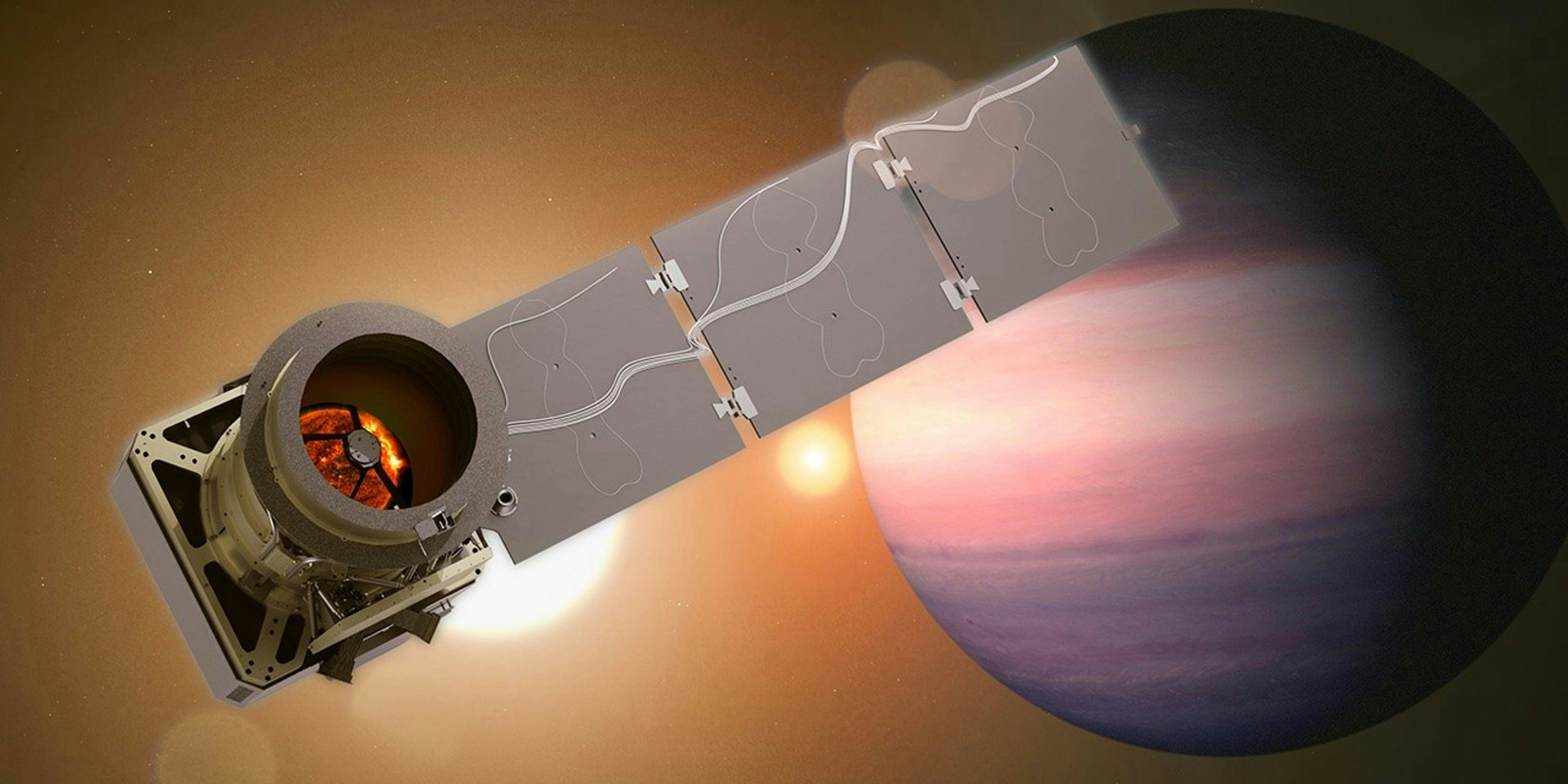 Artist&rsquo;s concept of NASA&rsquo;s Pandora mission, which will help scientists untangle the signals from exoplanets&rsquo; atmospheres and their stars. Credit: NASA's Goddard Space Flight Center.