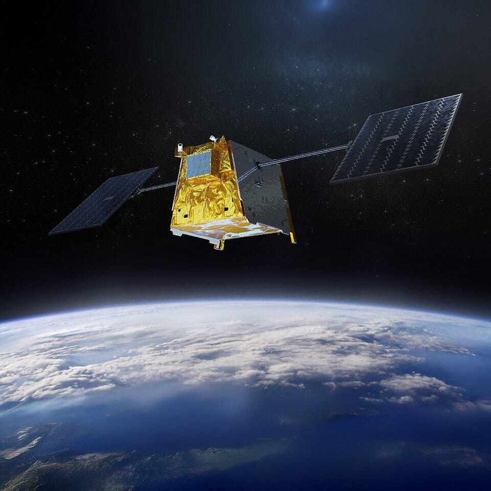 A rendering of an Airbus satellite in orbit around earth