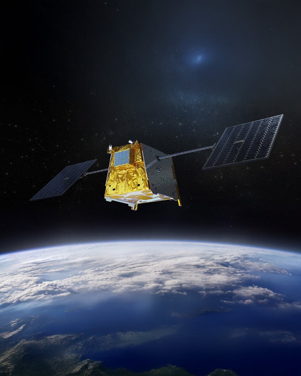 A rendering of an Airbus satellite in orbit around earth