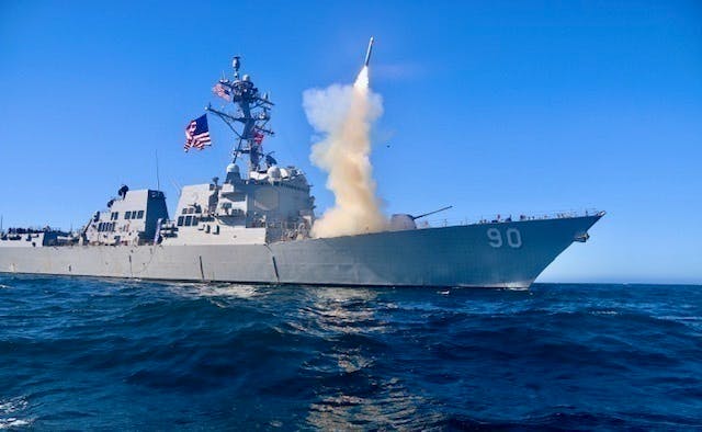 The guided-missile destroyer USS Chafee (DDG 90) launches a Block V Tomahawk, the weapon&rsquo;s newest variant in the first time a Block V Tomahawk missile was operationally tested.