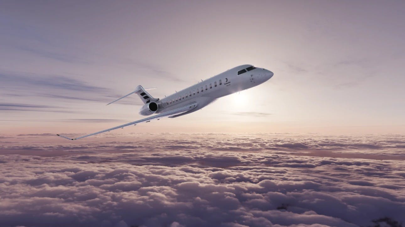 Bombardier's Global 8000 flying above clouds