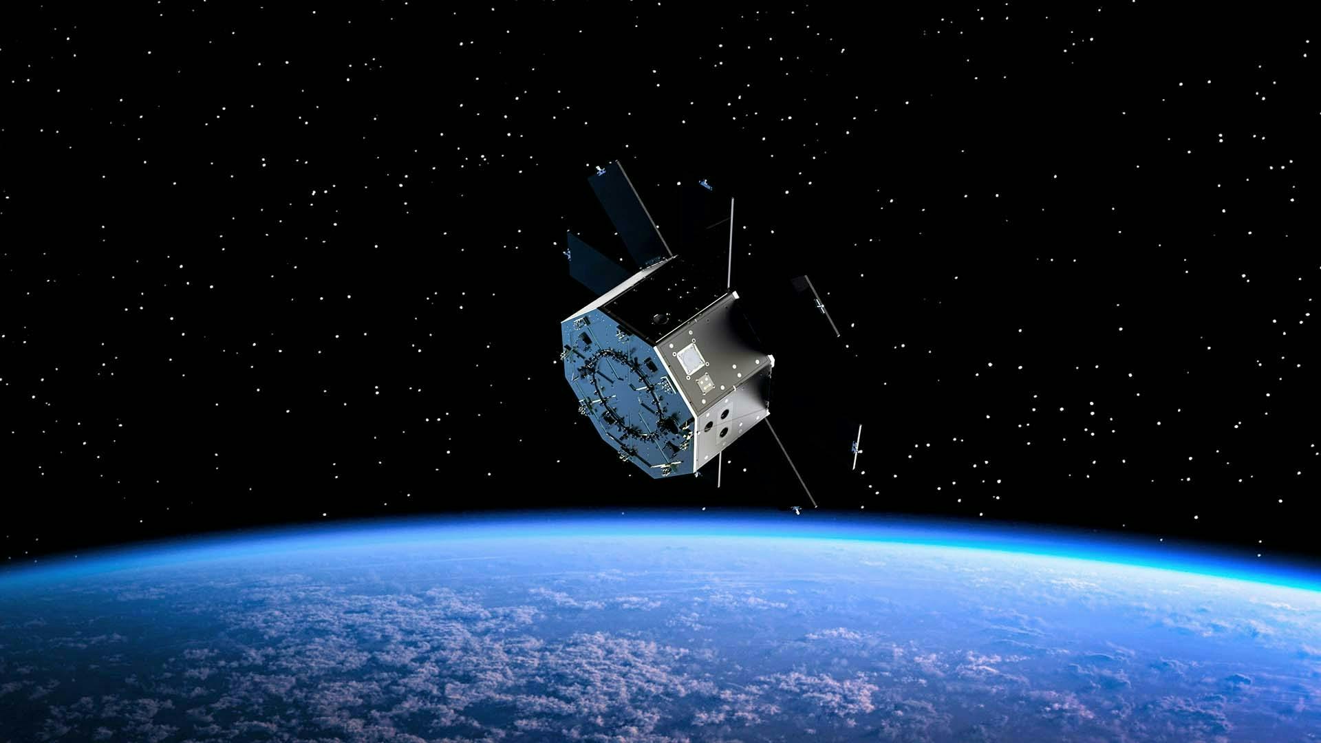 A rendering of a LizzieSat spacecraft on orbit.