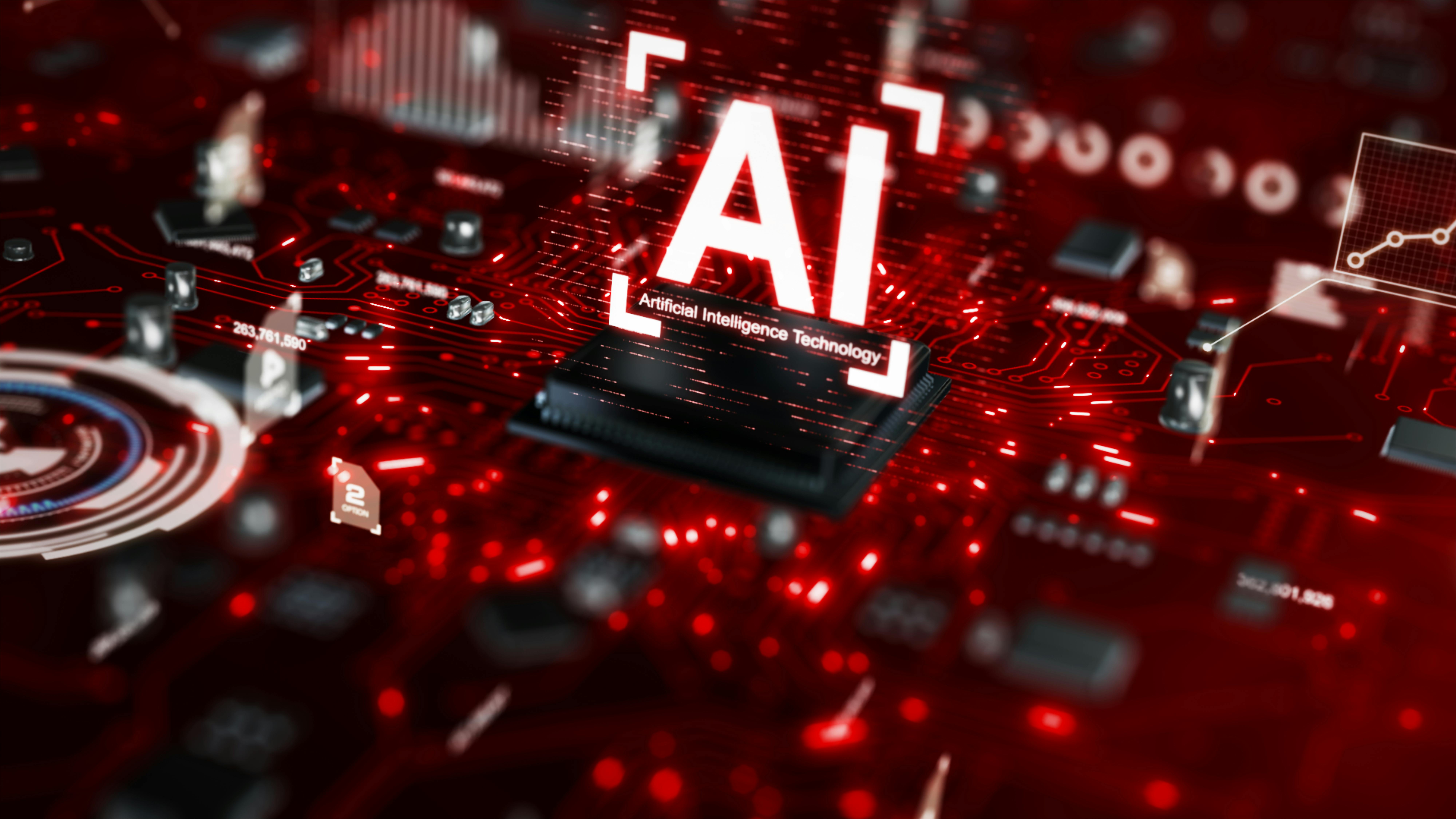 A rendering of a circuit board with 'artificial intelligence technology' superimposed over it